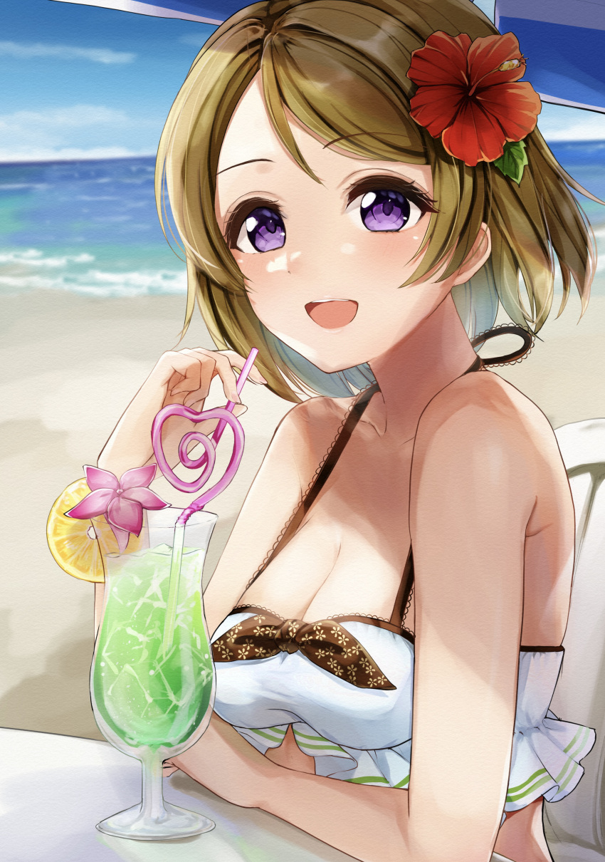 1girl :d absurdres artist_name beach beach_umbrella bikini blush breasts brown_hair cleavage crazy_straw cup drinking_straw female_focus female_only flower hair_flower hair_ornament high_res highres koizumi_hanayo looking_at_viewer love_live! love_live!_school_idol_project medium_breasts ocean purple_eyes short_hair smile solo_female swimsuit umbrella upper_body white_bikini yoshinon_(yoshinon_kotori)