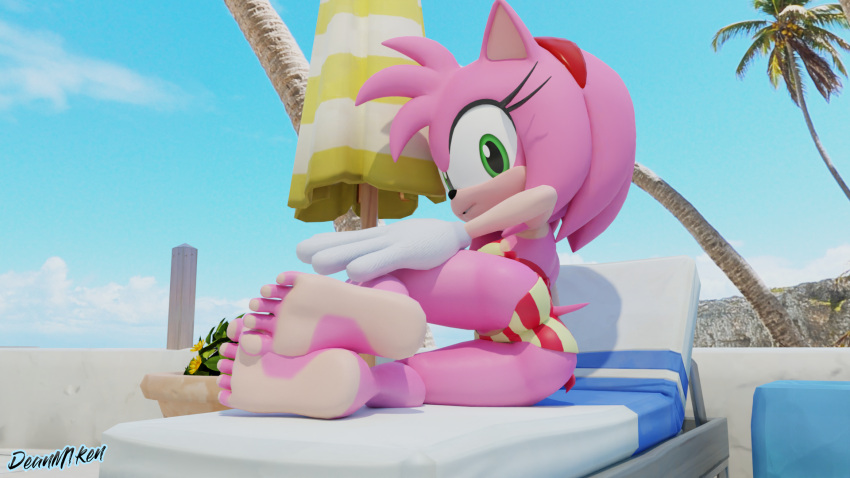 16:9 1girl 3d_(artwork) 5_toes amy_rose anthro ass bikini black_nose blender clothing dat_ass deanm1ken eulipotyphlan feet furry gloves green_eyes hair hedgehog looking_at_viewer looking_back pink_body pink_fur pink_hair sega sonic_the_hedgehog_(series) striped_bikini striped_swimsuit swimsuit widescreen