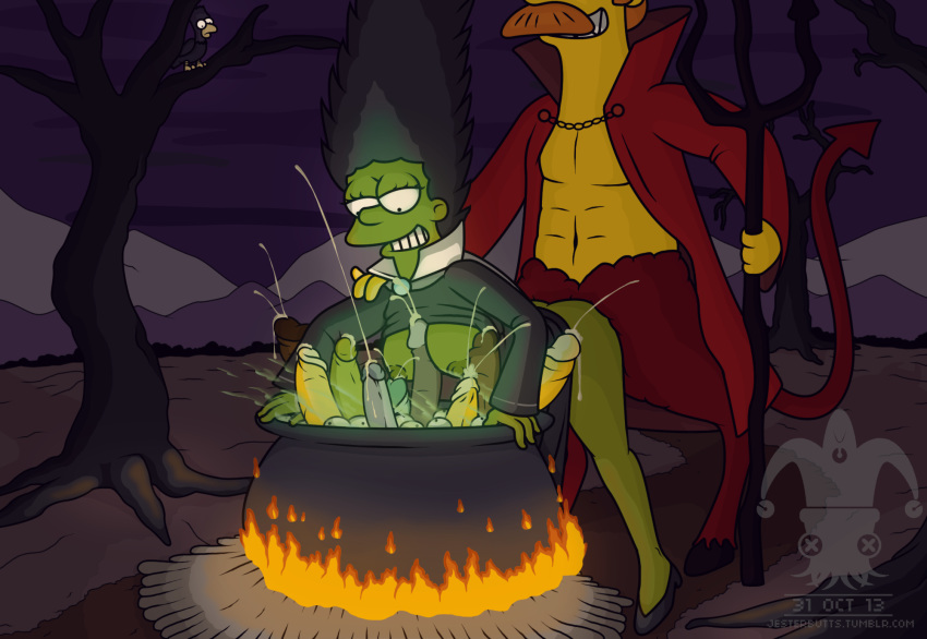 ambiguous_penetration bart_simpson cauldron cum cumming_penis disembodied_penis green_skin jesterbutts marge_simpson ned_flanders paizuri raven_(bird) satan the_devil_(the_simpsons) the_simpsons witch_hat