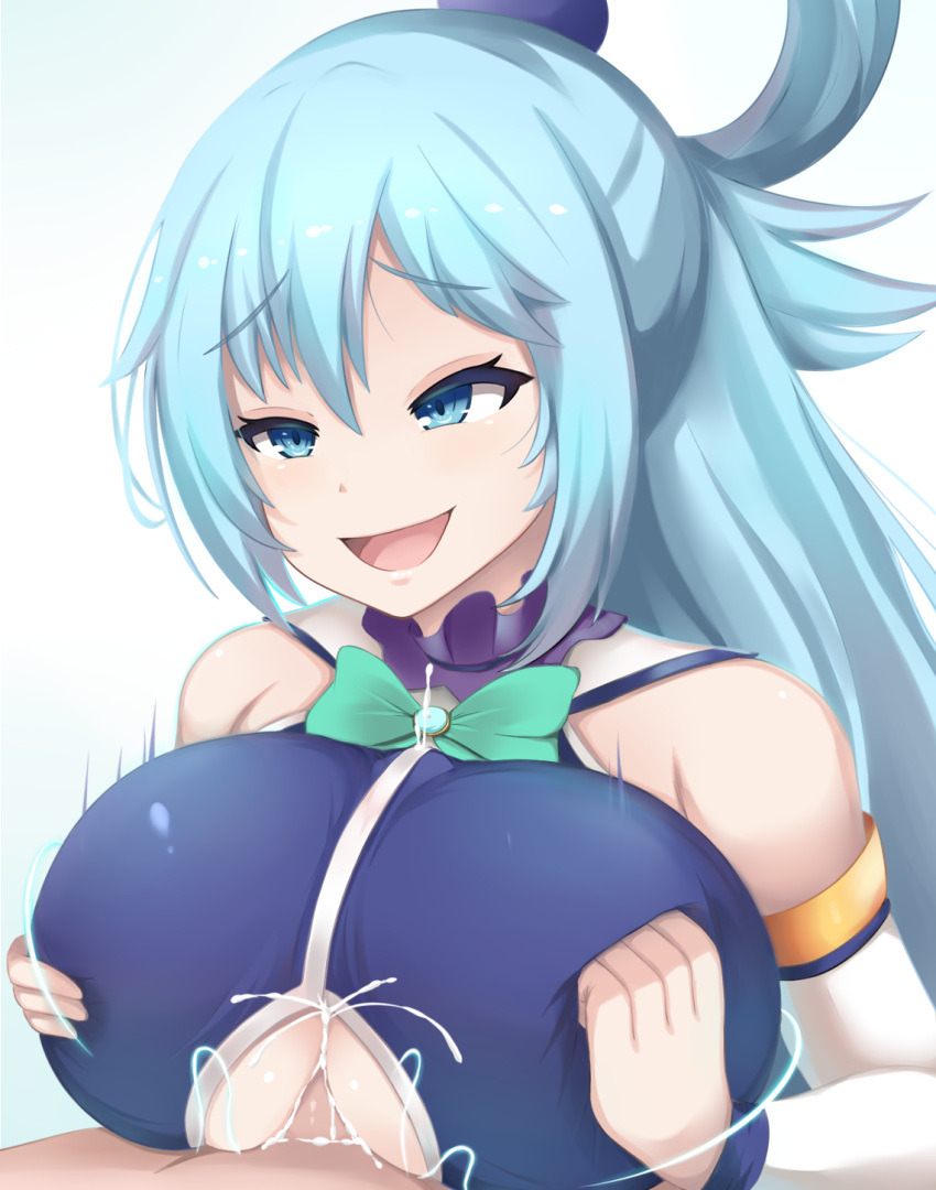 1boy 1girl 1girl alternate_breast_size aqua_(konosuba) bangs big_breasts big_breasts blue_eyes blue_hair breast_hold breast_squeeze breasts clothed clothed_female clothed_female_nude_male clothed_paizuri cum cum_between_breasts cum_on_breasts ejaculation_between_breasts energy_drain goddess huge_breasts kono_subarashii_sekai_ni_shukufuku_wo! long_hair male male/female mature mature_female paizuri paizuri_under_clothes renetan straight tagme