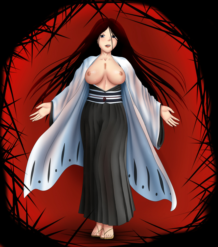 1girl big_breasts black_hair bleach blue_eyes breasts female hair_down highres japanese_clothes katzueki large_breasts long_hair nipples open_clothes ponytail retsu_unohana scar solo standing unohana_retsu