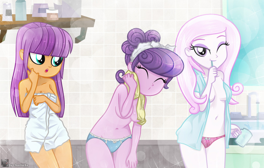 3_girls 3girls bathroom charliexe equestria_girls female female_only fleur_de_lis fleur_de_lis_(mlp) friendship_is_magic ginger_owlseye_(eg) indoors mostly_nude my_little_pony no_bra panties standing strategically_covered suri_polomare suri_polomare_(mlp) towel