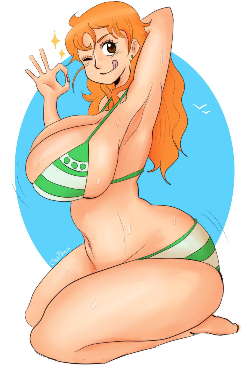 1girl bikini female igdel nami nami_(one_piece) nipples one_piece sweat tagme white_background