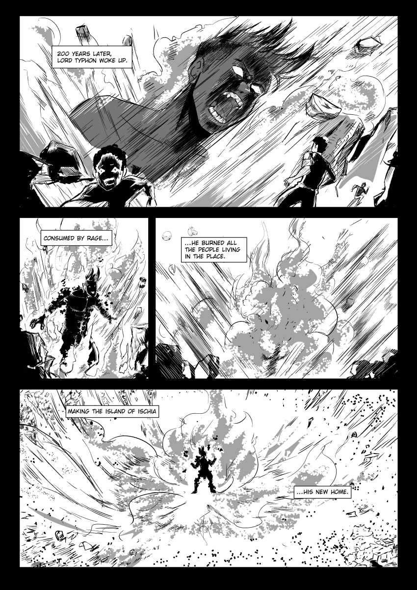 absurd_res awaken black_and_white black_hair blood_bond burned_skin burnt_alive comic comic_page dark-skinned_male dark_skin death explosion fire flames greek_mythology high_res manga manga_page monochrome muscular muscular_male titan_greek_mythology typhon typhon_titan waking_up