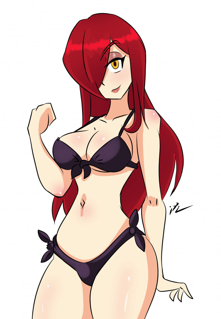 1girl ass big_ass big_breasts bikini breasts erin_fitzgerald hair_over_one_eye hips huge_breasts inkrait_(artist) lab_zero_games long_hair navel parasoul_(skullgirls) red_hair skullgirls thick_thighs thighs vaginal wide_hips yellow_eyes