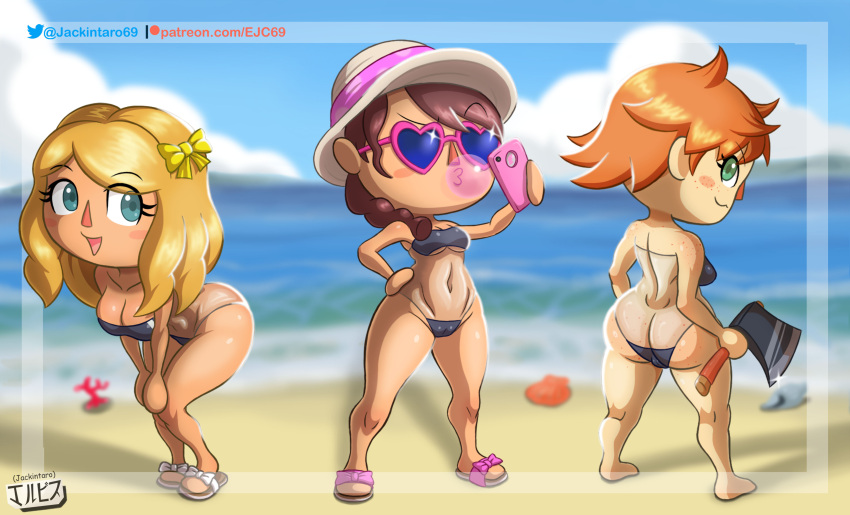 1boy animal_crossing animal_crossing_boy ass axe beach bikini blonde_hair breasts brown_hair bubble_gum cellphone digital_media_(artwork) flip_flops freckles glasses green_eyes gris_swimsuit hat jackintaro looking_at_viewer looking_back nintendo orange_hair redhead ribbon seaside summer swimsuit translucent translucent_clothing villager_(animal_crossing)