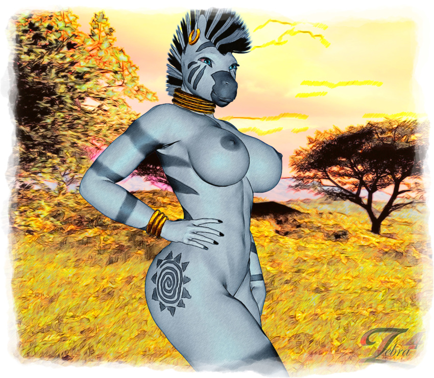 1girl 3d anthro big_breasts breasts cute cutie_mark equine female friendship_is_magic furry jewelry mohawk my_little_pony navel nipples nude pussy savanna smile solo stripes tree wood xrayzebra4 zebra zecora