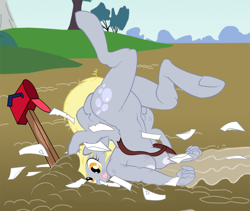 amber_eyes anthro blonde_hair breasts crash_landing cute derp derpy_hooves_(mlp) equine friendship_is_magic furry hair horse mail mail_bag mail_box my_little_pony nipples nude pain pegasus pony solo tongue