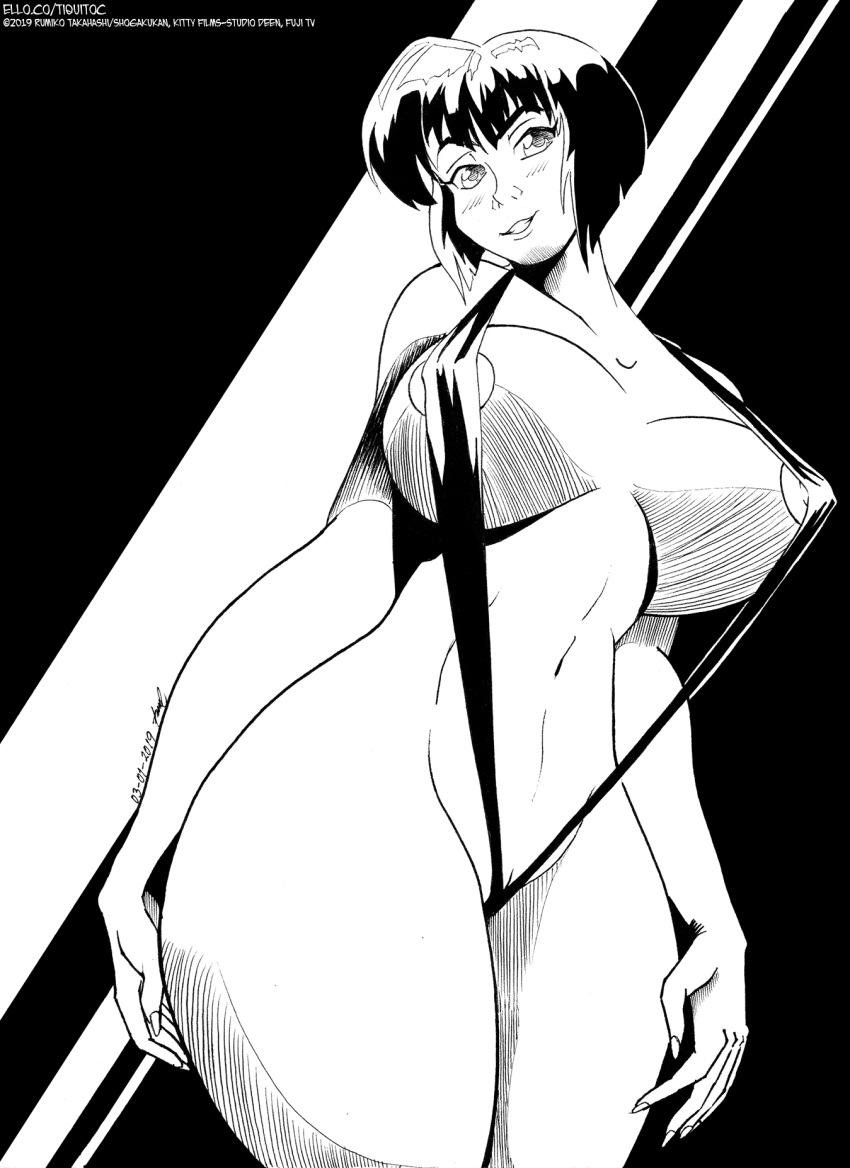 1girl 2019 areola big_breasts dated erect_nipples grin looking_at_viewer monochrome nabiki_tendo navel pussy ranma_1/2 short_hair signature simple_background sling_bikini tiquitoc wide_hips