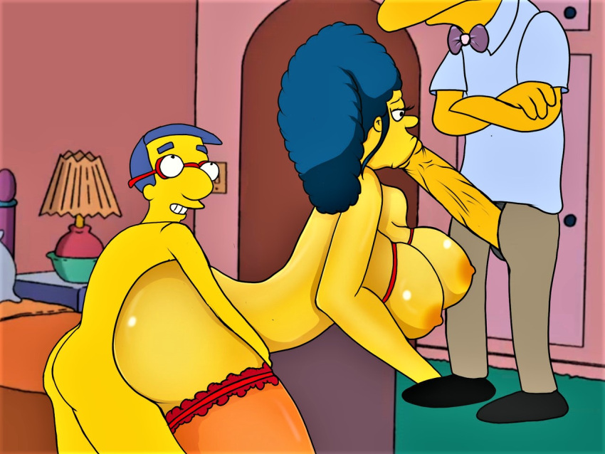 ass blue_hair erect_nipples erection fellatio huge_breasts huge_penis marge_simpson milhouse_van_houten moe_szyslak nude spitroast stockings the_simpsons thighs yellow_skin