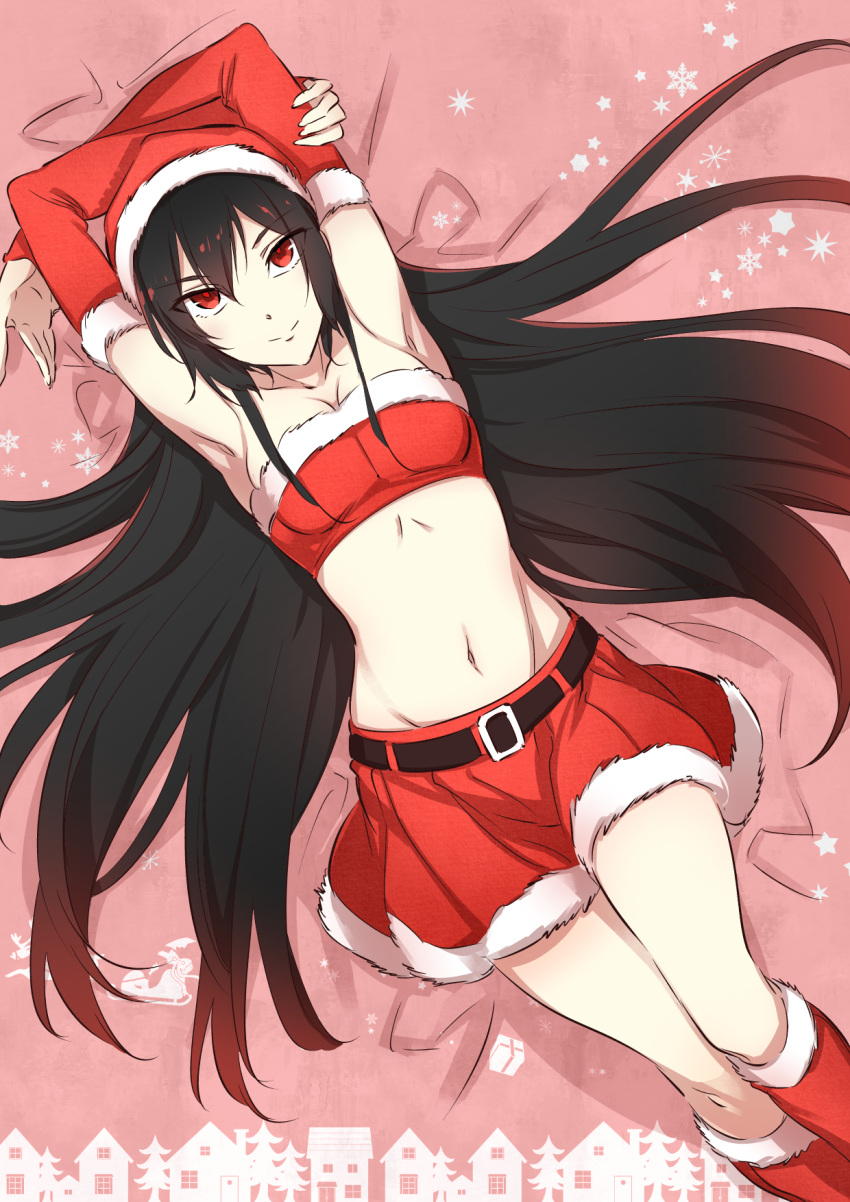 1girl 1girl akame_(akame_ga_kill!) akame_ga_kill! alluring armpits arms_up bandeau bangs belt belt_buckle black_belt black_hair boots breasts buckle cleavage closed_mouth collarbone detached_sleeves from_above fur-trimmed_boots fur-trimmed_skirt fur-trimmed_sleeves fur_trim gradient_hair hair_between_eyes high_res knee_boots long_hair long_sleeves looking_at_viewer lying midriff miniskirt multicolored_hair navel on_back pink_background red_eyes red_footwear red_hair red_skirt red_sleeves santa_costume skirt small_breasts smile stomach tashiro_tetsuya very_long_hair