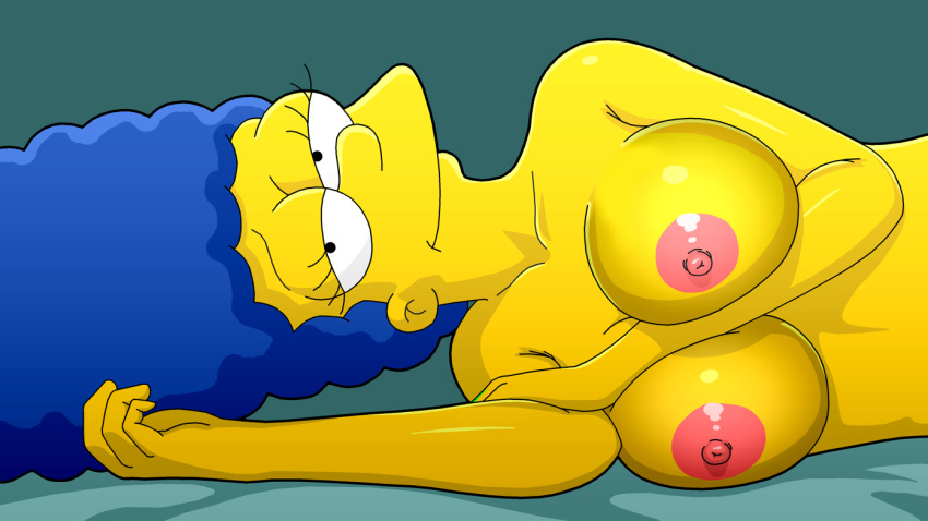 blue_hair evilweazel_(artist) looking_at_viewer lying marge_simpson pink_areolae the_simpsons yellow_skin