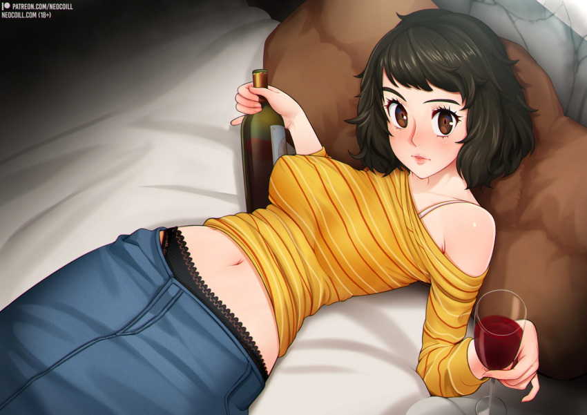 1girl big_breasts breasts denim_skirt drunk female_only high_res jean_skirt neocoill panties persona persona_5 sadayo_kawakami skirt