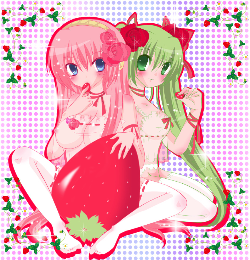 2girls bad_id blush camisole erika_(pixiv101500) flower food fruit hair_flower hair_ornament hatsune_miku highres luka_megurine megurine_luka miku_hatsune multiple_girls nipples ragho_no_erika ribbon ribbons rose roses see-through sitting strawberries strawberry thighhighs vocaloid