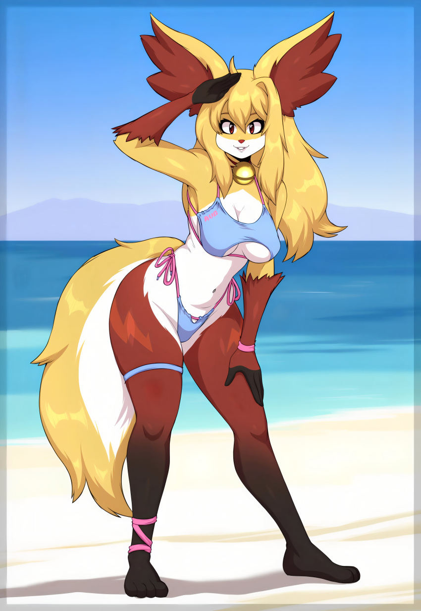 1girl armageddon1234 beach big_ass big_breasts cute delphox fluffy_ears fluffy_tail long_ears long_hair posing red_legs sand seductive tail white_skin yellow_hair yellow_skin