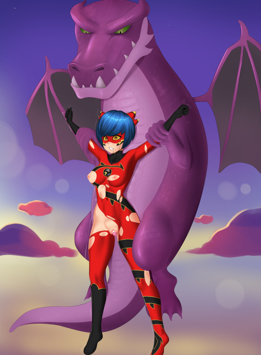 arms_held_up arms_up blue_hair clothed_sex dragon huge_cock kagami_tsurugi miraculous_ladybug no_bra no_panties rape redbug ripped_clothing ryuko_(character) sex stomach_bulge tears torn_clothes yellow_eyes zoophilia