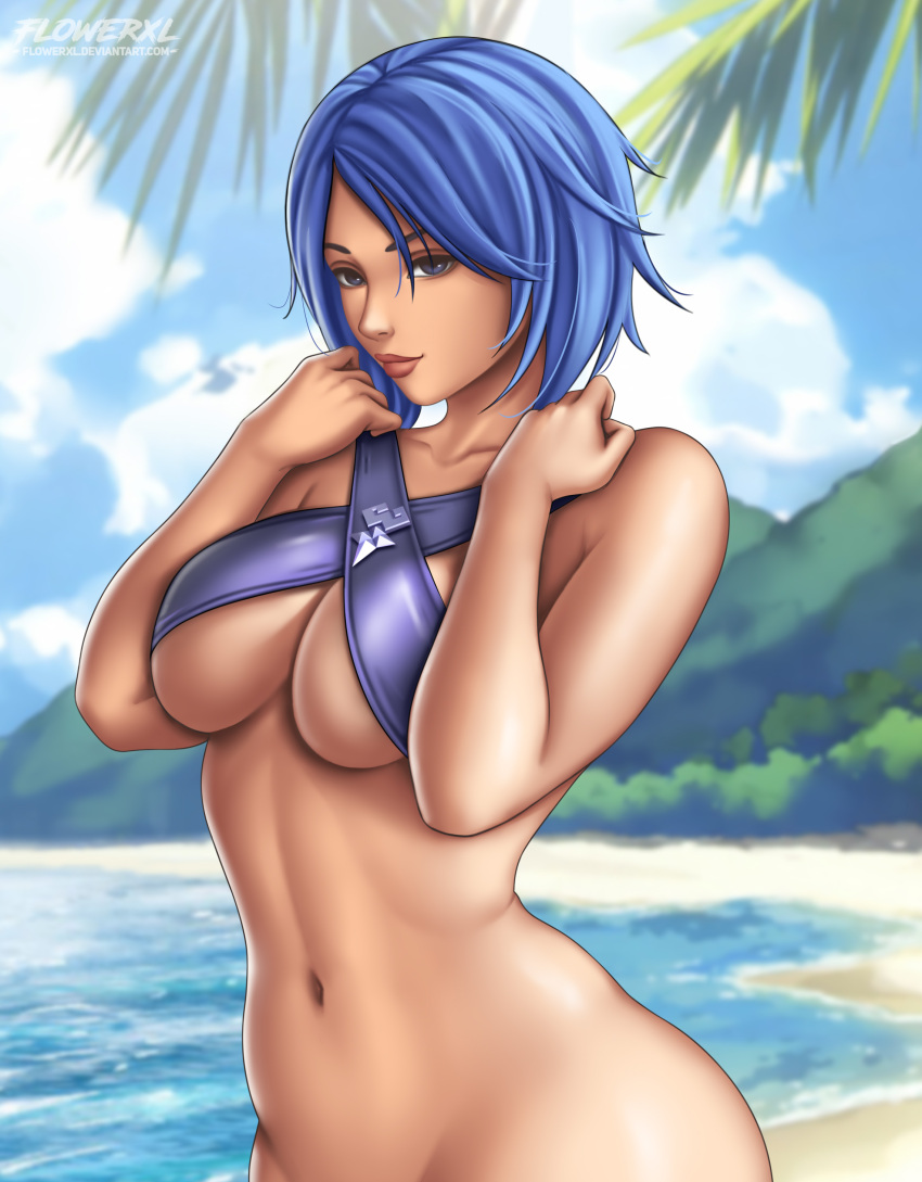 1girl alluring alternate_version_available aqua_(kingdom_hearts) arms_on_breasts artist_logo bare_legs beach beach_background blue_eyes blue_hair breasts brown_lipstick clouds daytime detailed_background disney female_only flowerxl kingdom_hearts looking_at_viewer naked_from_the_waist_down no_panties ocean pale-skinned_female purple_bikini purple_eyes seductive_smile short_hair square_enix upper_body wide_hips widescreen