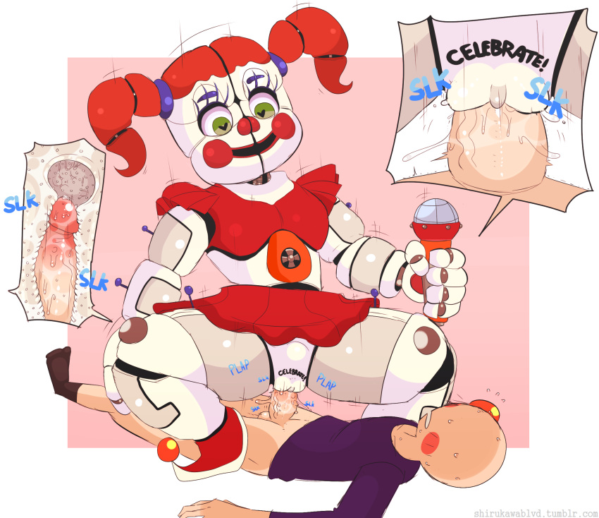 <3_eyes 1girl animatronic blush circus_baby clothing cowgirl_position cutaway eggshoppe erection five_nights_at_freddy's green_eyes hair heart human human_on_humanoid humanoid humanoid_penis internal machine male male_human/female_humanoid male_human/female_robot male_penetrating mammal microphone on_top open_mouth penetration penis pussy red_hair red_nose robot sex shirukawaboulevard simple_background sister_location skirt smile sound_effects spread_legs spreading straight twin_tails vaginal_penetration video_games