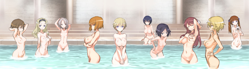 10girls 1girl 6+girls aleksandra_i._pokryshkin bath black_hair blonde blue_eyes brave_witches brown_eyes brown_hair edytha_rossmann erect_nipples georgette_lemare gundula_rall hair_ornament hair_ribbon high_resolution kanno_naoe karibuchi_hikari karibuchi_takami kurashima_tomoyasu long_hair long_image multiple_girls nikka_edvardine_katajainen nipples nude ribbon shimohara_sadako short_hair smile third-party_edit very_high_resolution waltrud_krupinski wide_image world_witches_series