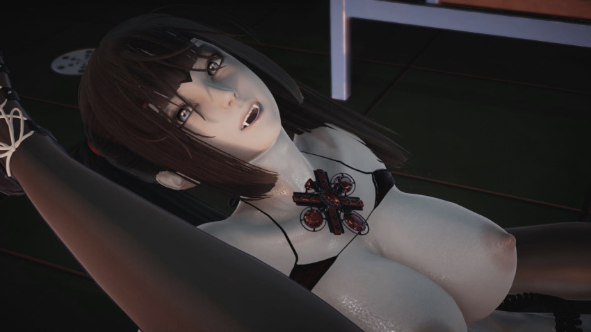 16:9 3d big_breasts big_breasts black_bra bra bra_lift breasts dark_hair erect_nipples fangs female_focus halloween indoors looking_at_viewer looking_pleasured nipples open_eyes pale pale-skinned pale-skinned_female pale_skin sharp_teeth sweat vampire_girl wet