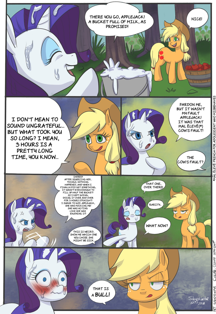 2013 applejack bull comic cosmo_naught cum cum_bucket cum_on_face cumshot dialogue embarrassed english_text friendship_is_magic my_little_pony rarity_(mlp) siberwar