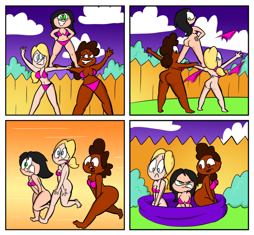 3_girls 3women ass backyard bikini black_hair blonde_hair blue_eyes bottomless breasts brown_hair cleavage comic covering_crotch embarrassed embarrassing freckles green_eyes long_hair mad ponytail pool pop_goes running wardrobe_malfunction