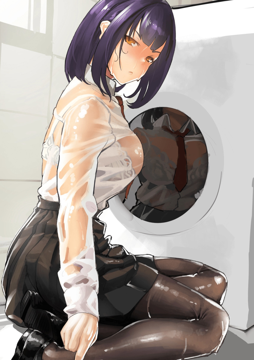 1girl absurdres asiamaster bad_id bad_pixiv_id big_breasts black_footwear black_pantyhose black_skirt blunt_bangs bra breasts brown_eyes closed_mouth collared_shirt commentary_request dress_shirt drying highres indoors lace lace_bra original pantyhose pleated_skirt purple_hair red_neckwear school_uniform see-through shirt sitting skirt solo underwear uniform washing_machine wet wet_clothes white_bra white_shirt