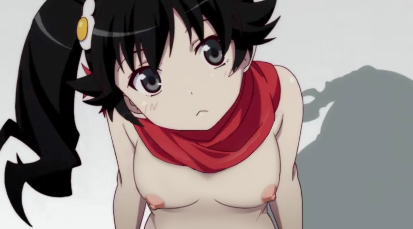 araragi_karen asymmetrical_hair black_hair edit hair_ornament long_hair looking_at_viewer medium_breasts monogatari_(series) nekom14 nipples screencap