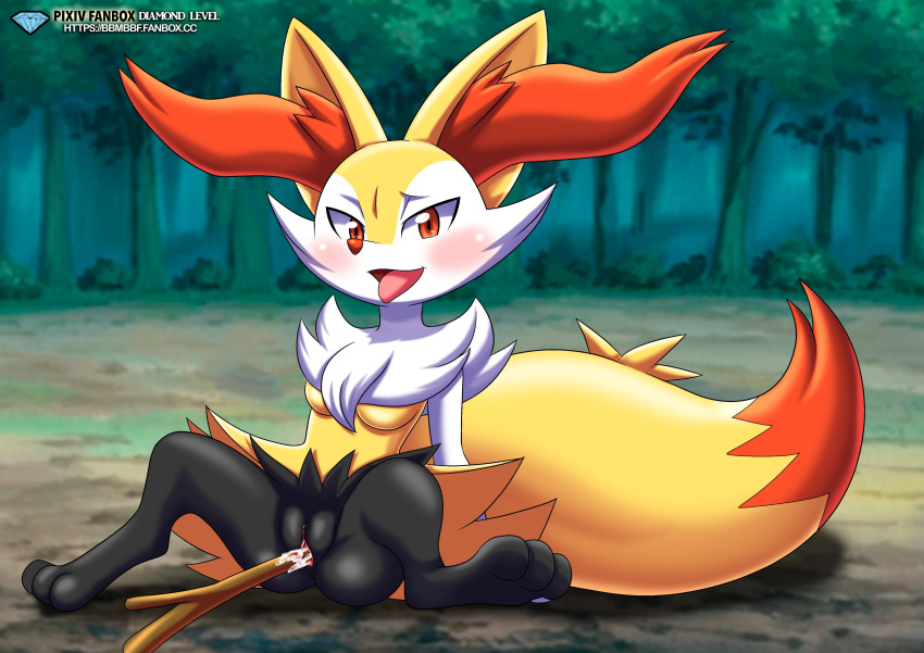 1girl bbmbbf black_fur blush braixen dildo_in_pussy female_focus female_only female_pokemon improvised_sex_toy legs_spread looking_at_viewer palcomix pokemon pokepornlive pussy red_eyes red_fur spread_legs white_fur yellow_fur