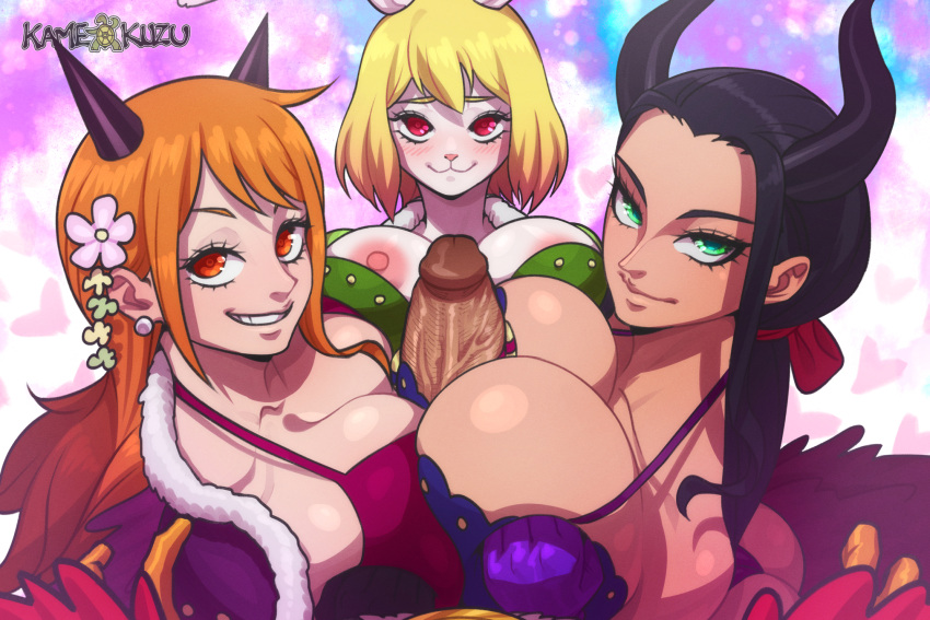 1boy 2022 3_girls beast_pirates_(cosplay) big_ass big_breasts breasts_press carrot carrot_(wano) double_paizuri foursome grin huge_breasts huge_penis interspecies kamekuzu kameseru light-skinned_female nami nami_(wano) nico_robin nico_robin_(wano) one_piece one_piece:_wano_arc paizuri sanji seductive seductive_look seductive_smile smile smiling_at_viewer vinsmoke_sanji