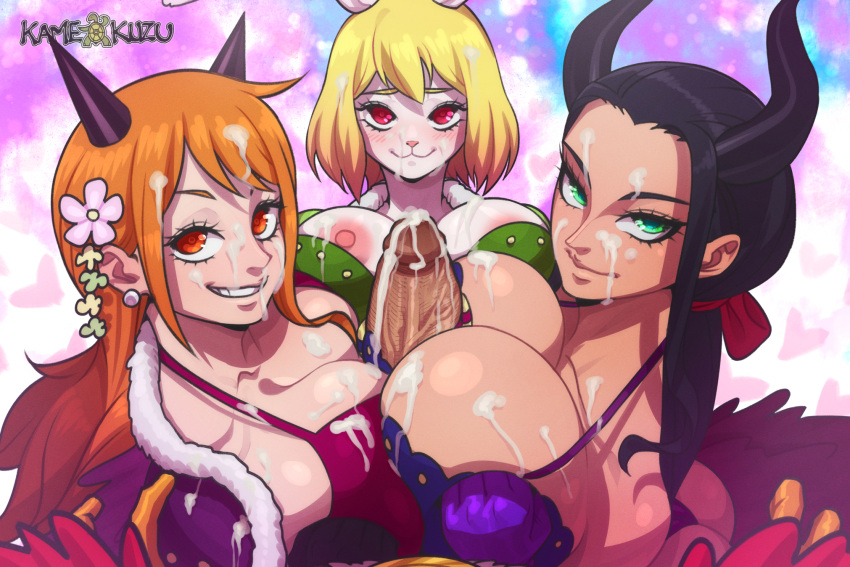 1boy 3_girls beast_pirates_(cosplay) big_ass big_breasts breasts_press carrot carrot_(wano) cum cum_on_breasts cum_on_face cumshot double_paizuri foursome grin huge_breasts huge_penis interspecies kamekuzu kameseru light-skinned_female nami nami_(wano) nico_robin nico_robin_(wano) one_piece one_piece:_wano_arc paizuri sanji seductive seductive_look seductive_smile smile smiling_at_viewer