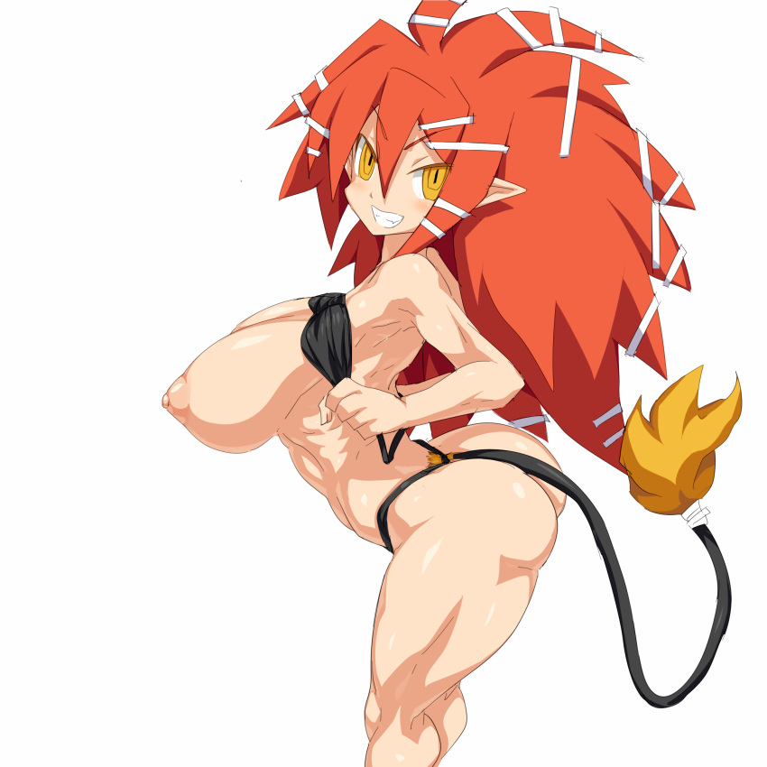 beastmaster beastmaster_(disgaea) big_breasts big_hair bitch blushing breasts demon_girl disgaea disgaea_(series) horny huge_breasts japanese_text nude pointed_ears red_hair sexy slut succubus underboob whore yellow_eyes