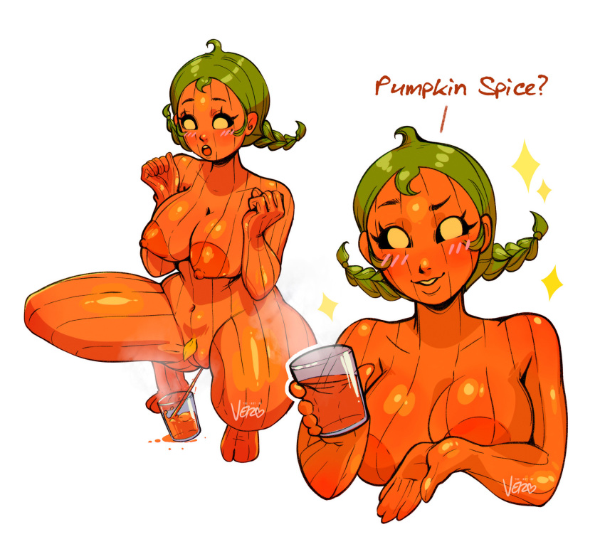 artist_signature blush blushing callie_(vero) elartedevero glass_cup green_hair nude orange_skin original pee peeing pissing pumpkin pumpkin_breasts squatting steam text theartofvero vero