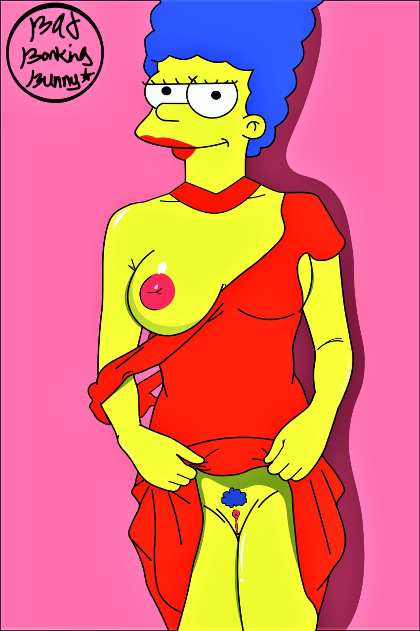 badbonkingbunny dress_lift marge_simpson no_panties one_breast_out pubic_hair pussy the_simpsons thighs