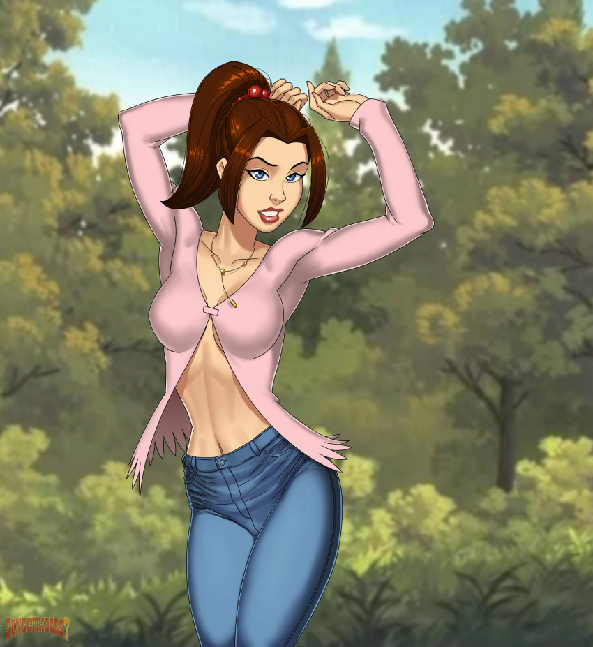 1girl armpits arms_up big_breasts blue_eyes breasts brown_hair comic_book_character deep_armpits female_focus female_only high_res kitty_pryde long_hair marvel marvel_comics mutant_(marvel) patreon patreon_paid patreon_reward shadowcat solo_female solo_focus sunsetriders7 superheroine tagme teen teenage_girl x-men x-men_evolution young_adult