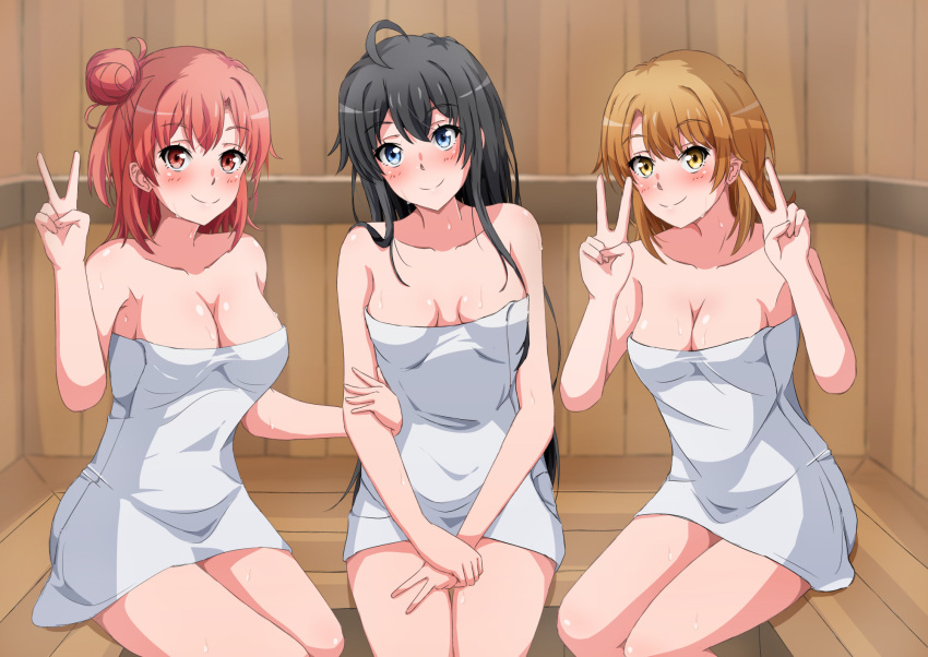 3_girls alluring black_hair blonde_hair blue_eyes isshiki_iroha konoyan naked_towel orange_hair sauna yahari_ore_no_seishun_lovecome_wa_machigatteiru. yuigahama_yui yukinoshita_yukino このやん