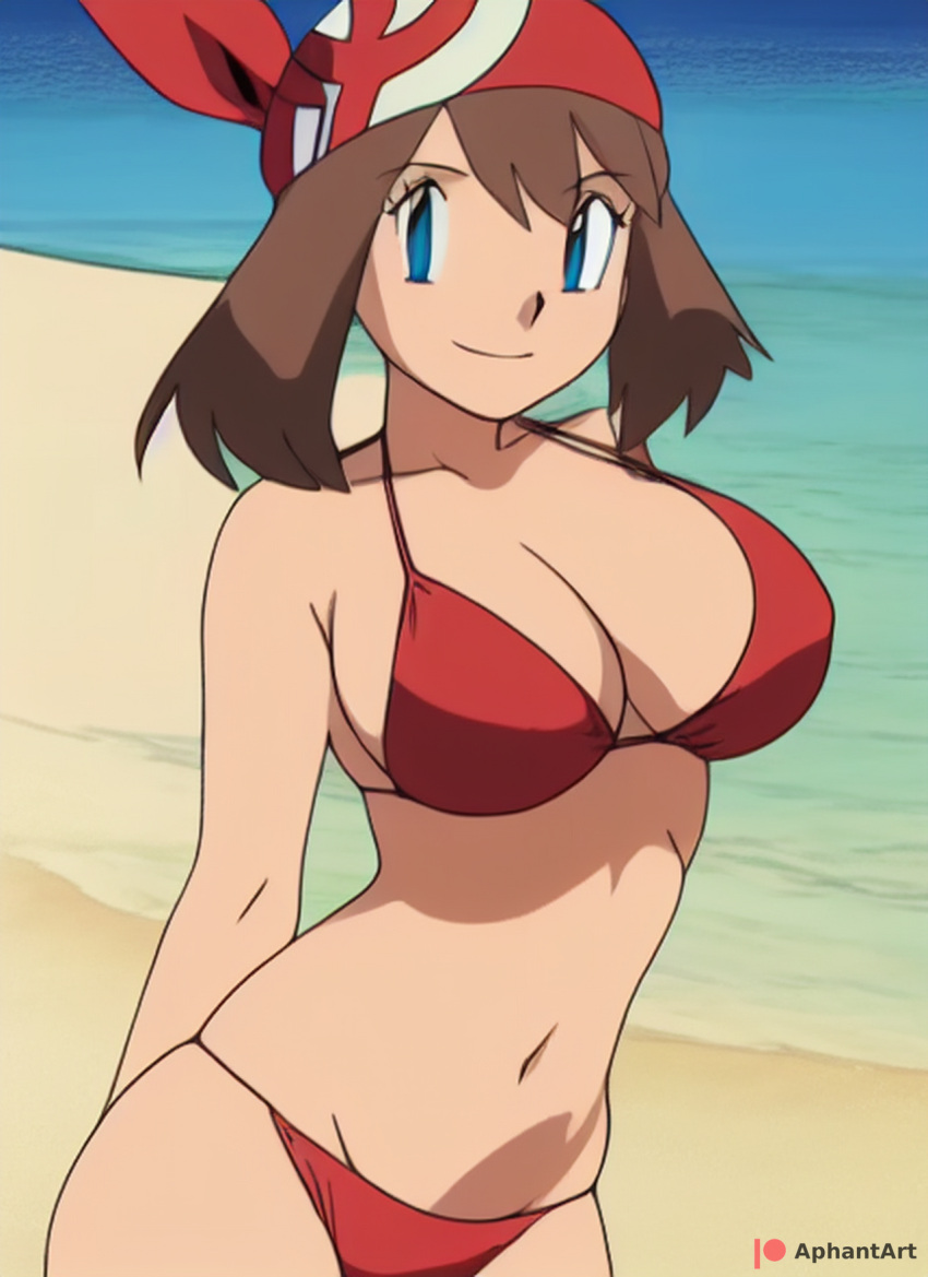 1girl alluring aphantart bare_legs beach big_breasts bikini blue_eye brown_eyes cleavage haruka_(pokemon) may may_(pokemon) nintendo ocean pokemon pokemon_(anime) pokemon_rse_(anime) posing