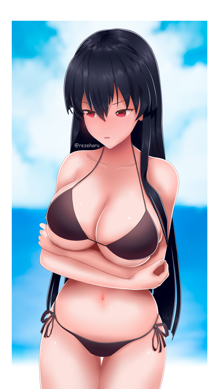 akame_(akame_ga_kill!) akame_ga_kill! alluring beach bikini black_hair long_hair ocean red_eyes rezeharu