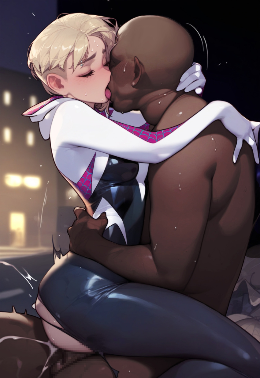 blonde_hair cum cum_inside cum_overflow dark-skinned_male eyebrow_piercing gwen_stacy interracial kissing light-skinned_female marvel older older_female short_hair spider-gwen spider-man:_into_the_spider-verse superheroine sweat sweating tight_bodysuit torn_bodysuit torn_clothes young_adult young_adult_female young_adult_woman