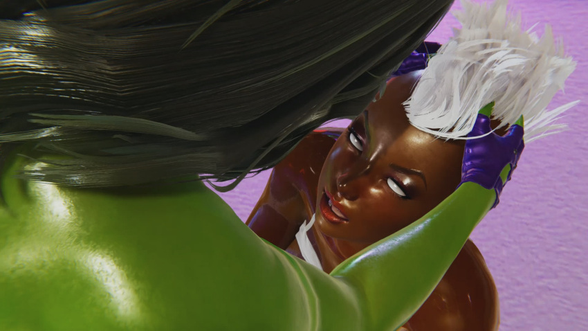 16:9_aspect_ratio 1futa 1girl 3d after_fellatio bare_shoulders dark-skinned dark-skinned_female dark_hair dark_skin female_focus futa futanari futanari_on_female futanari_with_female gloves green_skin hands_on_head looking_at_partner looking_pleasured marvel marvel_comics mohawk open_eyes open_mouth she-hulk shoulders storm_(x-men) wet white_eyes white_hair white_sclera x-men