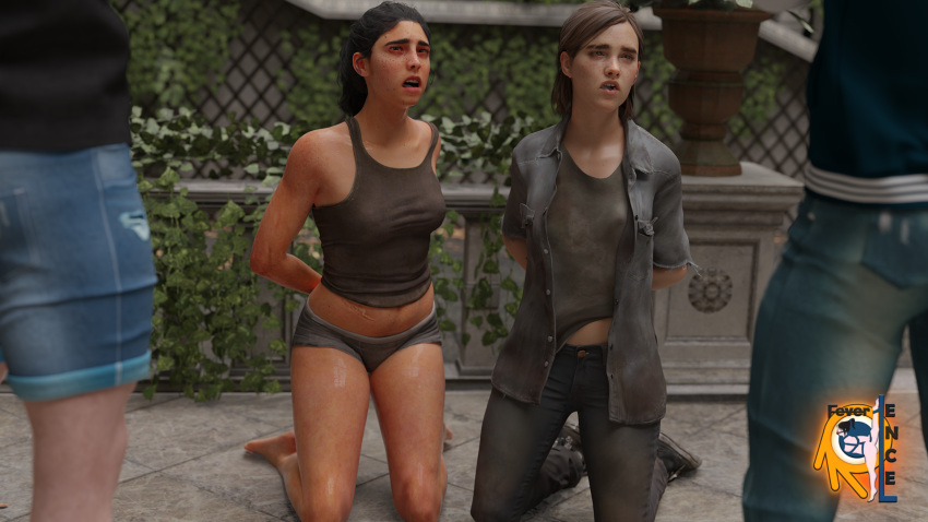 1girl 2_girls 2boys 3d bandit blender brown_hair captured dina ellie fear feverlence hands_behind_back human looking_at_another naughty_dog on_knees open_mouth panties scared teen the_last_of_us the_last_of_us_2 tied_hands