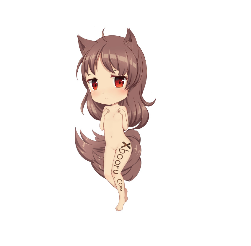 blush brown_hair chibi female_full_frontal_nudity female_nudity hand_bra mascot mascots red_eyes xbooru xbooru-tan