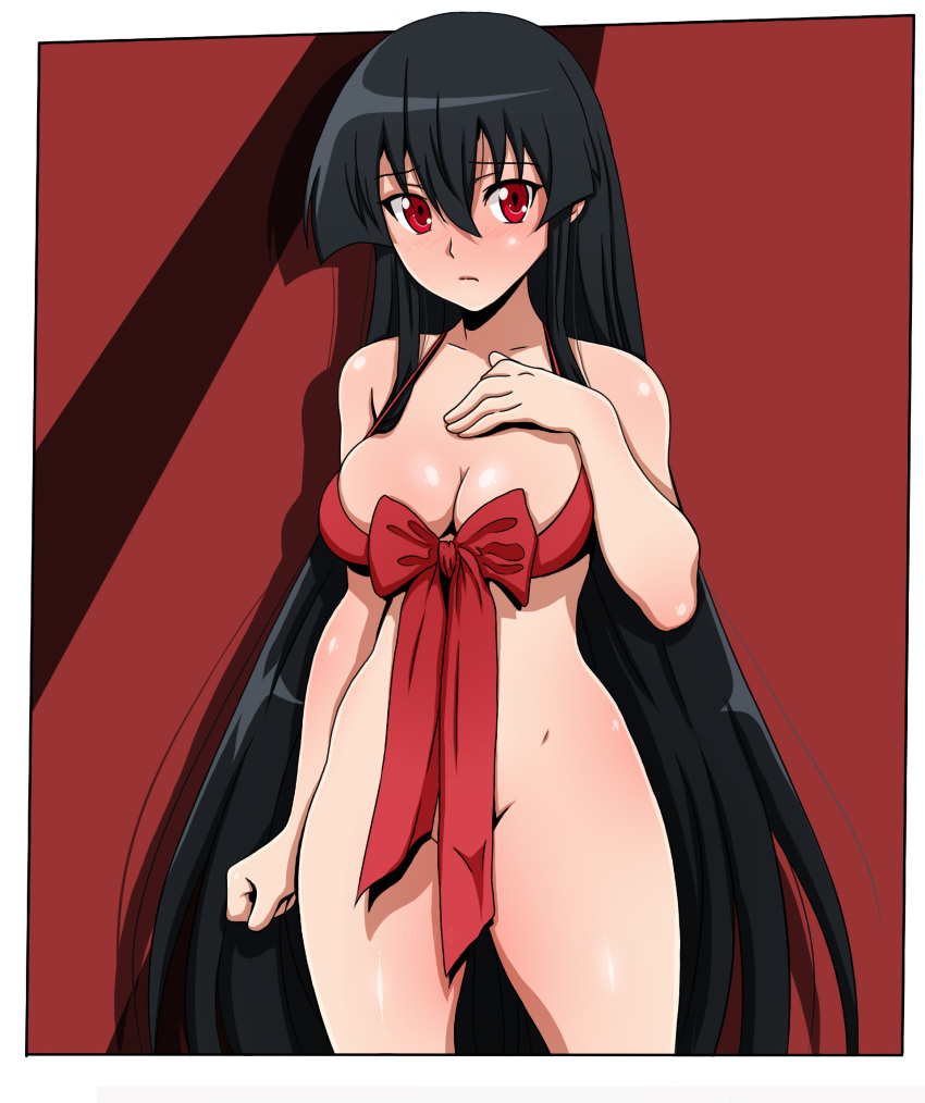 1girl akame_(akame_ga_kill!) akame_ga_kill! alluring bare_legs bra_with_big_ribbon pussy