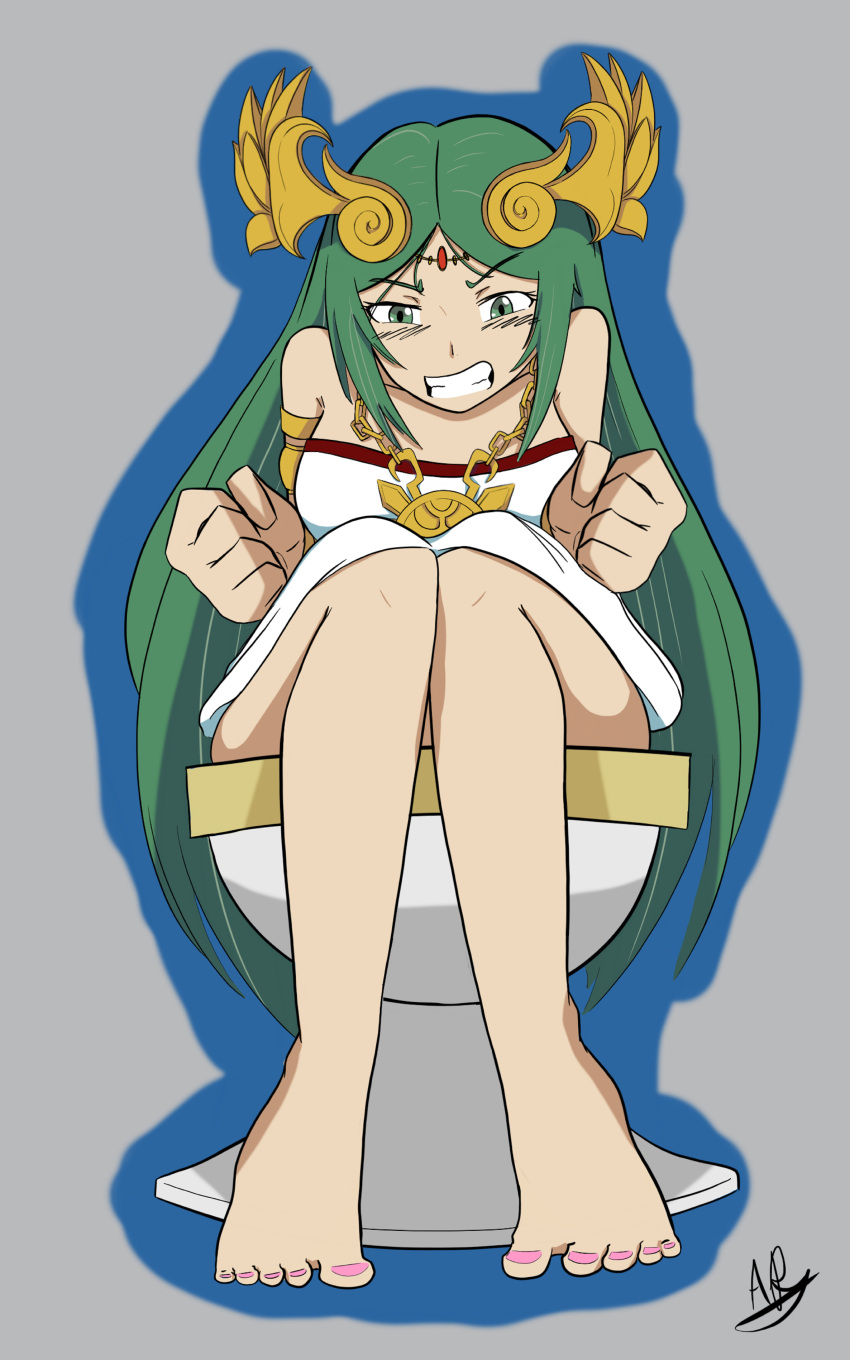 1girl adictreader barefoot green_eyes green_hair kid_icarus nintendo palutena straining toilet toilet_use