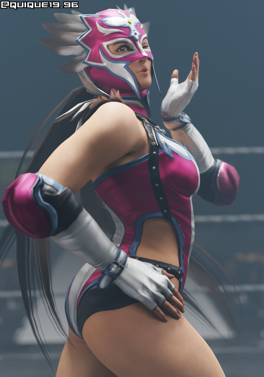 1girl 3d ass big_breasts blowing_kiss breasts brown_eyes brunette clothed_female clothing flirting gloves jaycee_(tekken) julia_chang long_hair looking_at_viewer luchadora mask mokujin_hornywood namco quique19_96 tekken tekken_tag_tournament_2 video_games wink wrestling_outfit