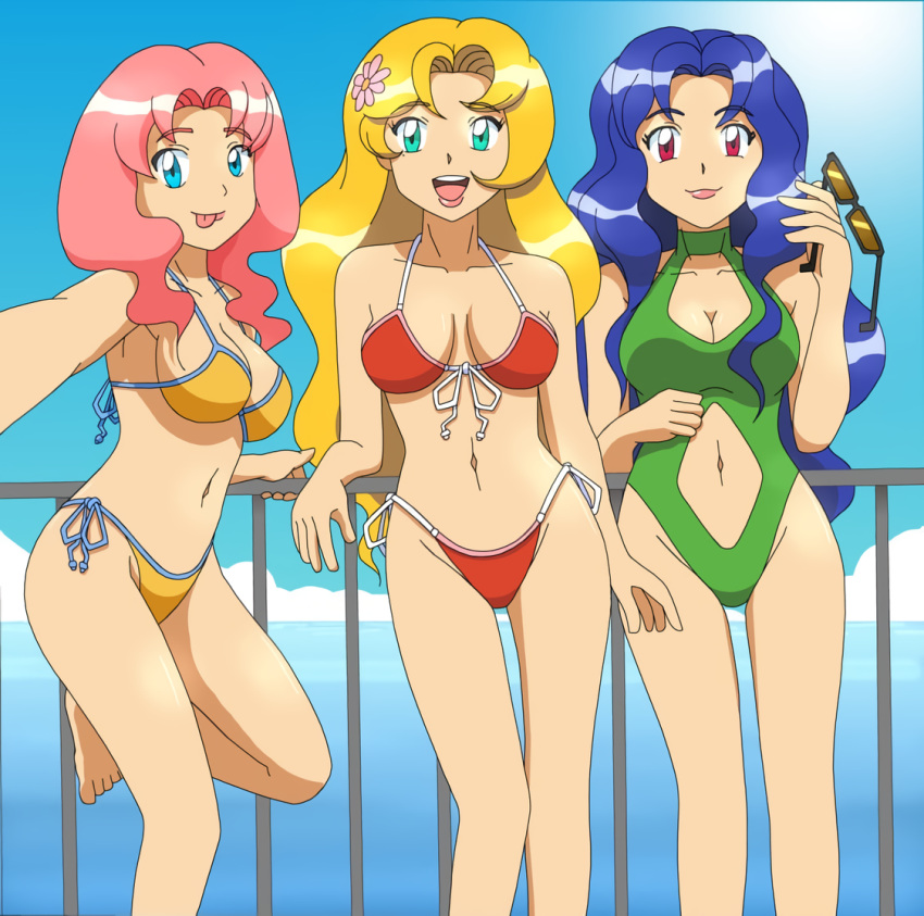 3_girls alluring bikini blonde_hair blue_eyes blue_hair breasts cleavage daisy_(pokemon) female_focus female_only flower_in_hair green_eyes lily_(pokemon) nintendo one-piece_swimsuit pink_hair pokemon pokemon_(anime) red_eyes silf silfs sunglasses swimsuit thighs violet_(pokemon)