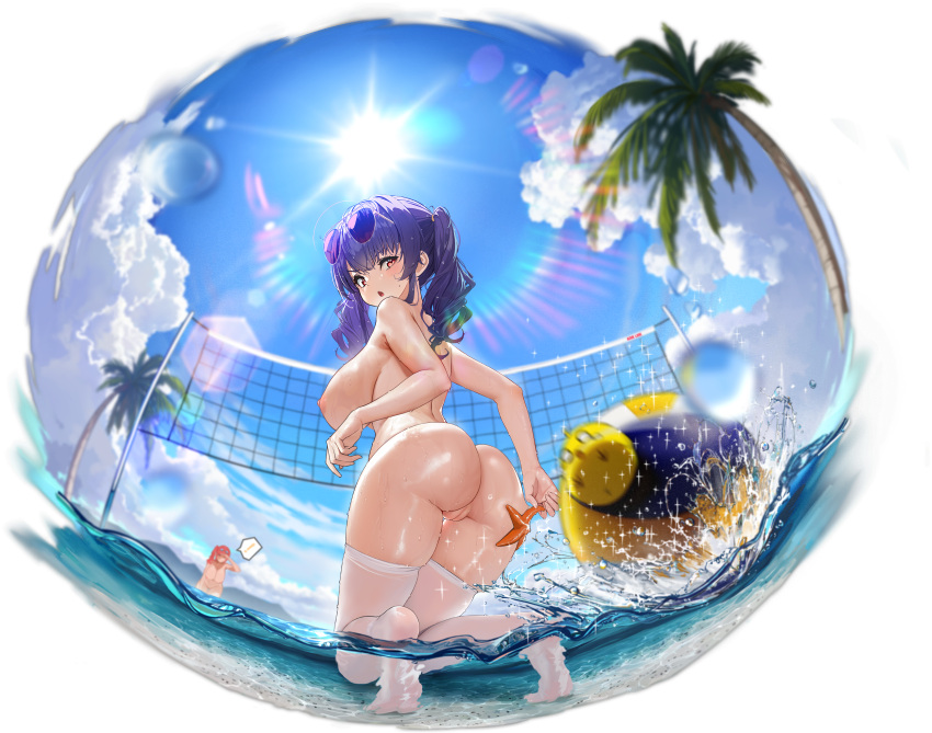 1girl 2_girls ass azur_lane bare_arms bare_shoulders beach_volleyball big_breasts bird breasts chick extremely_large_filesize eyewear_on_head fisheye from_behind halterneck high_resolution kneel large_filesize long_hair looking_at_viewer looking_back manjuu_(azur_lane) multiple_girls nude_filter palm_tree parted_lips pola_(azur_lane) pola_(seaside_coincidence)_(azur_lane) purple_hair red_eyes starfish stockings sunglasses sunlight third-party_edit tied_hair transparent_background tree twin_tails v-shaped_eyebrows very_high_resolution volleyball volleyball_net water wet wet_legwear white_legwear yunsang zara_(azur_lane) zara_(poolside_coincidence)_(azur_lane)