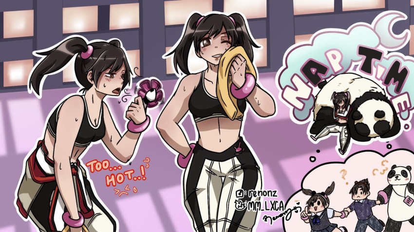 1boy 2_girls black_hair bracelet brown_shirt dreaming electric_fan gym hair_between_eyes hand_fan hand_on_own_hip high_res holding holding_fan holding_hands instagram_username jacket kazama_jin ling_xiaoyu lxca midriff multiple_girls multiple_views namco open_mouth panda panda_(tekken) pants pink_bracelet red_jacket school_uniform shirt sleeping stomach sweat tekken tekken_3 tekken_4 tekken_5_dark_resurrection tekken_6_bloodline_rebellion tekken_7 tekken_8 tekken_blood_vengeance tekken_bloodline tekken_tag_tournament tekken_tag_tournament_2 towel twin_tails twitter_username white_pants wrapped yellow_towel