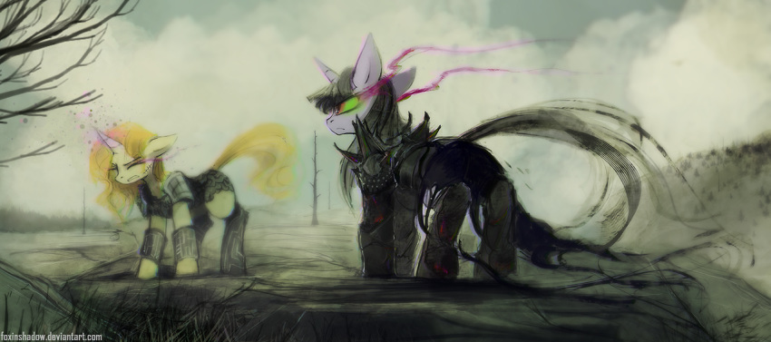 armor armour black_hair clouds dark equine evil foxinshadow friendship_is_magic gothic green_eyes magic my_little_pony painting scar tree twilight_sparkle_(mlp) unicorn wasteland web_address yellow_hair zero-sum