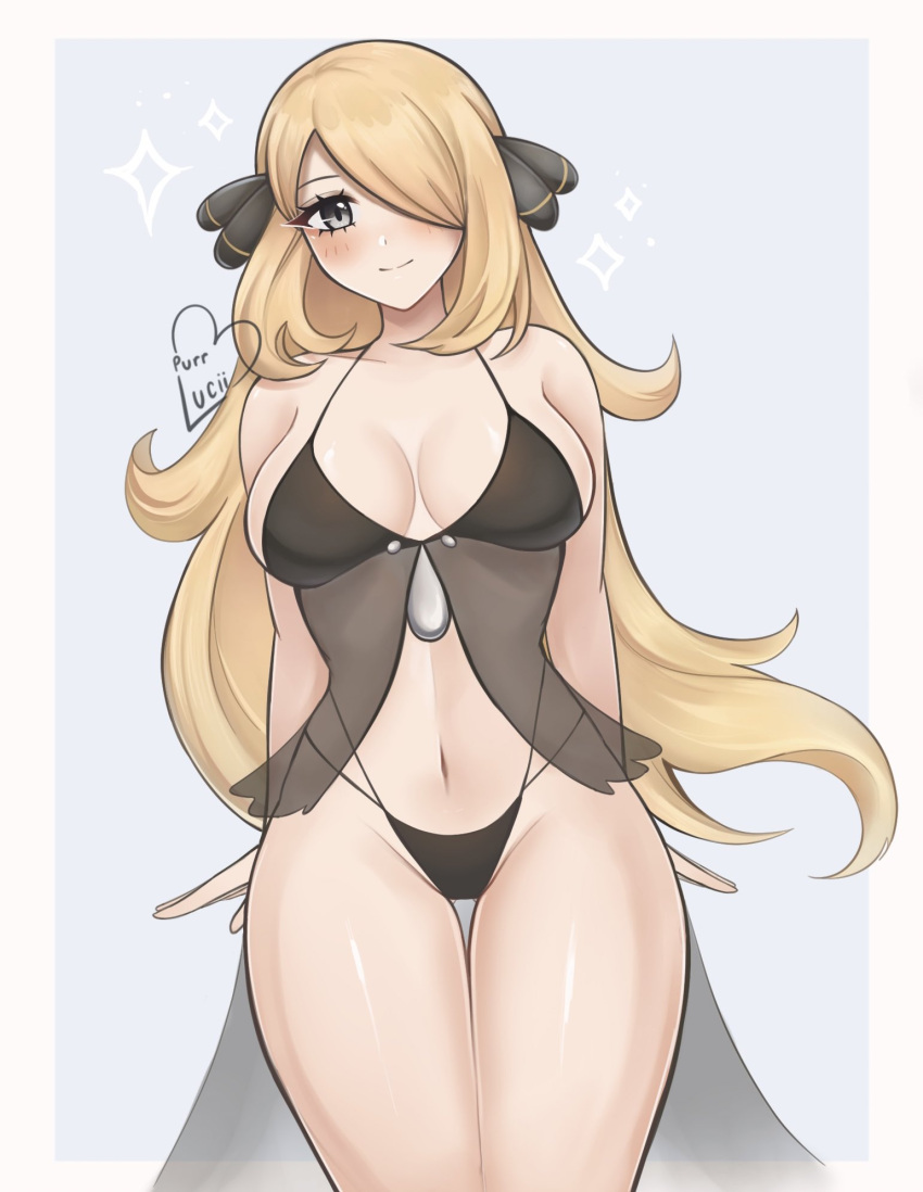 1girl alluring big_breasts blonde_hair cynthia cynthia_(pokemon) female_only hair_over_one_eye looking_at_viewer nintendo pokemon purrlucii